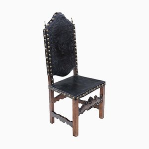 Antique Portuguese Oak and Leather Chair, Early-18th Century