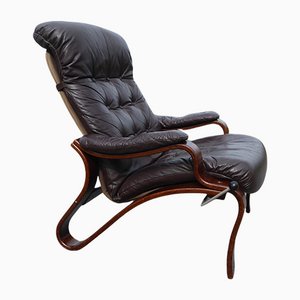 Vintage Danish Adjustable Bentwood & Brown Leather Lounge Chair, 1960s