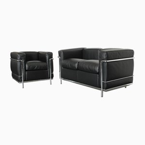LC2 Sofa and Armchairs in Leather by Le Corbusier for Cassina, Set of 2