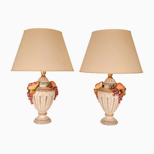 Mid-Century Italian Porcelain Vase Table Lamps with Fruits & Grapes, Set of 2