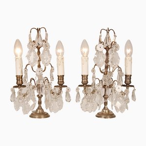 Französische 2-Leuchten Tischlampen aus Silber & Kristallglas mit Anhänger-Ornamenten, 2er Set