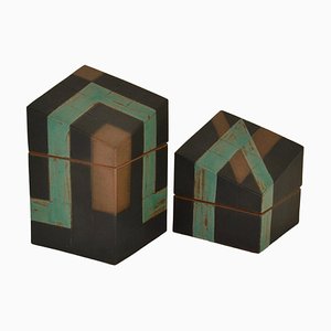 Sculptural Studio Pottery Boxes in Sage Green and Black, Set of 2