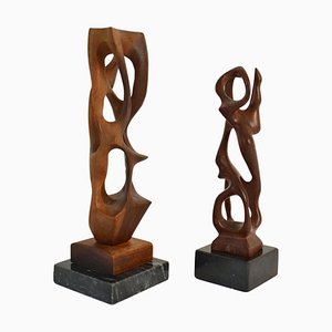 Hand Carved Biomorphic Wooden Sculptures, Set of 2