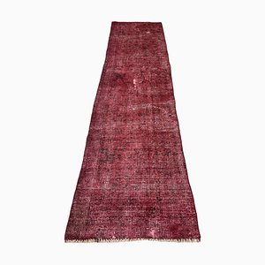 Distressed Turkish Narrow Overdyed Wool Runner Rug in Red