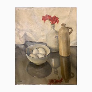 Henri Van De Velde, Bodegón con huevos y flor roja, 1920, óleo sobre lienzo