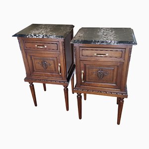 Antique Italian Carved Walnut Black Marble Top Nightstands Bed Tables, Set of 2