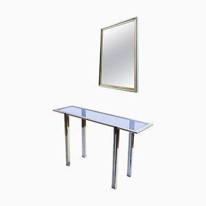Glass, Brass & Chrome Console Table and Mirror, Italy, 1970s, Set of 2