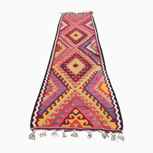 Alfombra de pasillo Kilim Oushak turca vintage de tejido plano hecha a mano