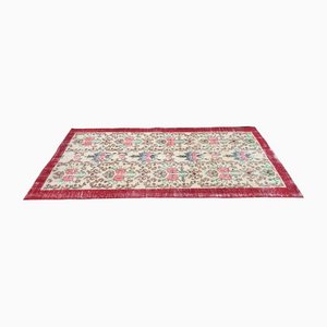 Tapis Oushak Vintage Floral Fait Main Beige et Rouge en Laine