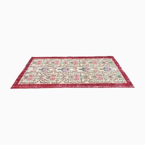 Vintage Turkish Floral Handmade Beige and Red Bordered Wool Oushak Carpet