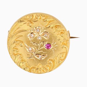 Belle Epoque French Ruby Diamond Floral Pattern 18 Karat Yellow Gold Brooch