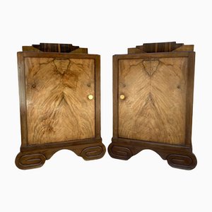 Art Deco Walnut Slab Side Cabinets or Nightstands with Carved Base, 1930s, Set of 2