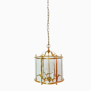 Large French Brass and Glass Lantern Chandelier with 6 Light Sockets and Domed Glass, 1980s