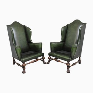 Large Early 20th Century Walnut Wingback Armchairs, Set of 2