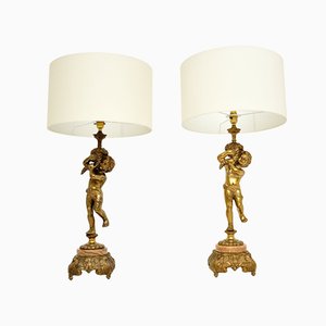 Large Antique French Brass & Onyx Table Lamps, Set of 2