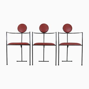Französische Armlehnstühle aus Stahl & Leder, 1980er, 3er Set