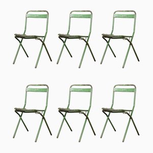 French Green Metal Folding Chairs, 1960s, Set of 6