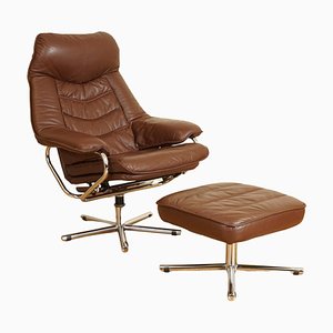 Scandinavian Industrial Brown Leather Lounge Chair & Footstool, Set of 2