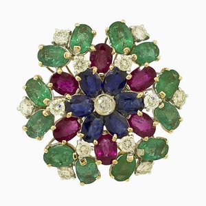 Blue Sapphires and White Diamond White and Yellow Gold Flower Ring with Rubies and Emeralds