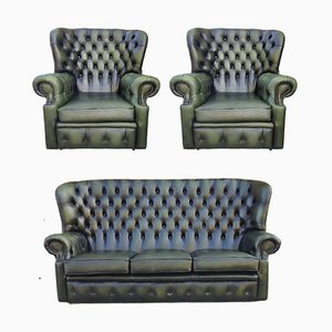 Antique Green Leather Chesterfield, Set of 3