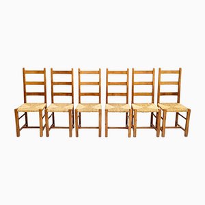 Brutalistische Antike Eichenholz Esszimmerstühle mit Geflochtenen Sitzen, 6er Set