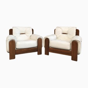 Italian Vintage Leather and Wood Armchairs, Set of 2