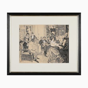 Edward Cucuel, Pensionsleben, Im Salon Abends, 1901, Tusche auf Papier, gerahmt