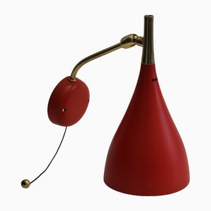 Mid-Century Brass and Red Adjustable Wall Lamp Sconce by Louis Kalff for Cosack, 1950s