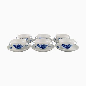 Blue Flower Braided Bouillon Cups with Saucers from Royal Copenhagen, Set of 12