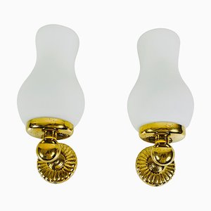 Mid-Century Italian Brass and Opaline Glass Wall Lamps, 1960s, Set of 2