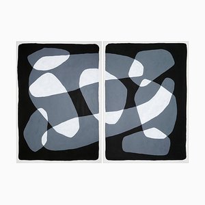 Ryan Rivadeneyra, Black and White Floating Rock Ovals Diptych, 2021, Acrylic on Paper
