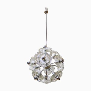 Lámpara Sputnik Mid-Century moderna de cristal de Murano soplado en blanco y cromo