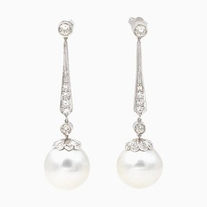 Boucles d'Oreilles en Platine avec Diamants et Perles