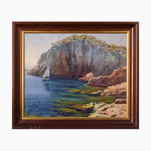 Ricard Tarrega Viladoms, Paisaje español de Cala, mediados del siglo XX, óleo sobre lienzo