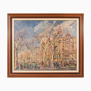 J. Nicolás, Scena di strada di Barcellona: Passeig De Gràcia, Plaça De Catalunya, 1977, Olio su tela, Con cornice