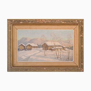 Einar Krüger, Paesaggio innevato, Svezia, metà XX secolo, Olio su tavola, Incorniciato