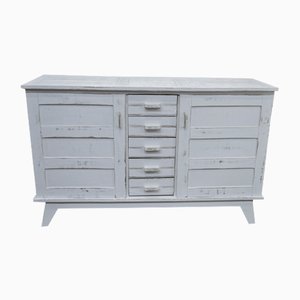 Low White Patinated Solid Oak 2 Doors and 5 Drawers Buffet, 1950s