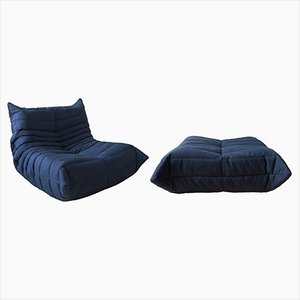 Set of Blue Microfiber Togo Lounge Chair and Pouf by Michel Ducaroy for Ligne Roset
