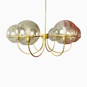 Lámpara de techo italiana de latón con 6 esferas de vidrio ahumado, años 60