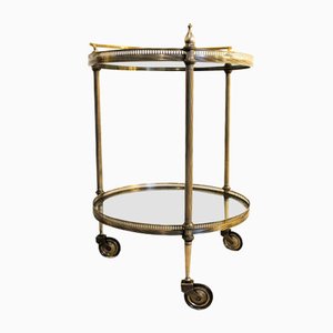 Art Dèco Italian Brass and Crystal Metal Round Bar Trolley with 2 Levels, 1940s