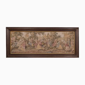 Wide Antique French Edwardian Panorama Needlepoint Framed Wall Tapestry