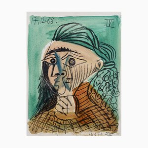 Raymond Debiève, Portrait of Cubist Woman, 1968, Gouache and Crayon on Paper, Framed