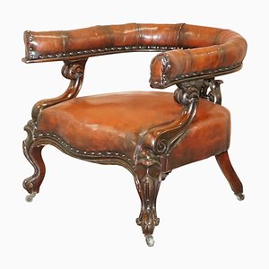Regency Carved Hardwood Brown Leather Armchair