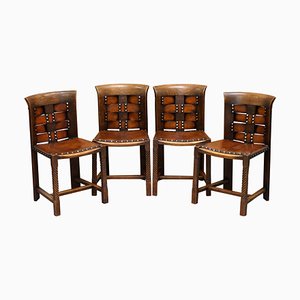 Arts and Crafts Oak Leather Chairs by Charles Rennie Mackintosh for George Henry Walton, Set of 4