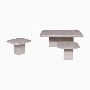 Table Basse et Table d'Appoint Mid-Century en Travertin, Set de 3