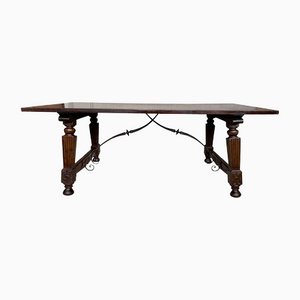 Late 19th Spanish Walnut Dining Table with Iron Stretcher