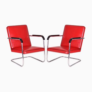Bauhaus German Red Armchairs by Anton Lorenz for Thonet, 1930s, Set of 2