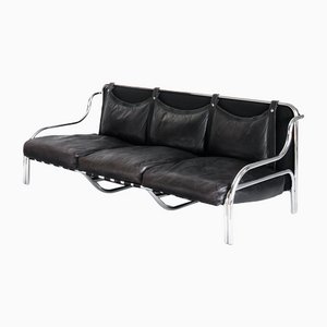 Stringa Sofa aus verchromtem Metall & dunkelbraunem Leder von Gae Aulenti für Poltronova, Italien, 1980er