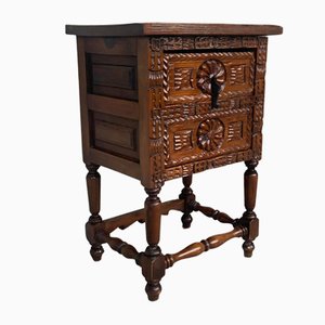 Spanish Carved Walnut End Table or Nightstand with 2 Drawers