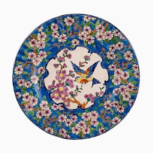 Art Deco Plate with Hand-Painted Bird Flowers and Foliage from Emaux De La Louvière
